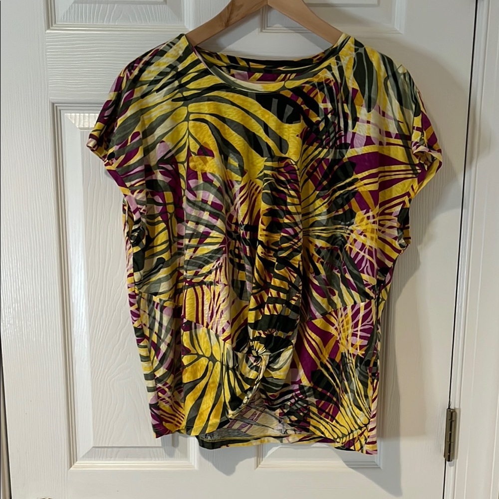 Chico's Graphic Black and Yellow Cap Sleeve Blouse
